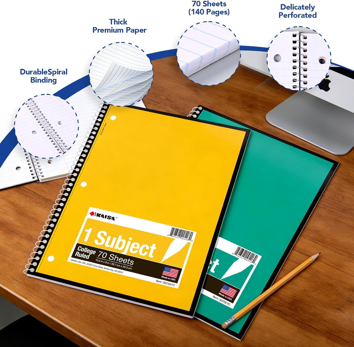 KAISA 70 Sheet 1-Subject Wirebound Notebook Spiral Notebooks, College Ruled 10.5x8 Spiral Notebooks For School Students Office, Pack of 6 Pads,S07001C