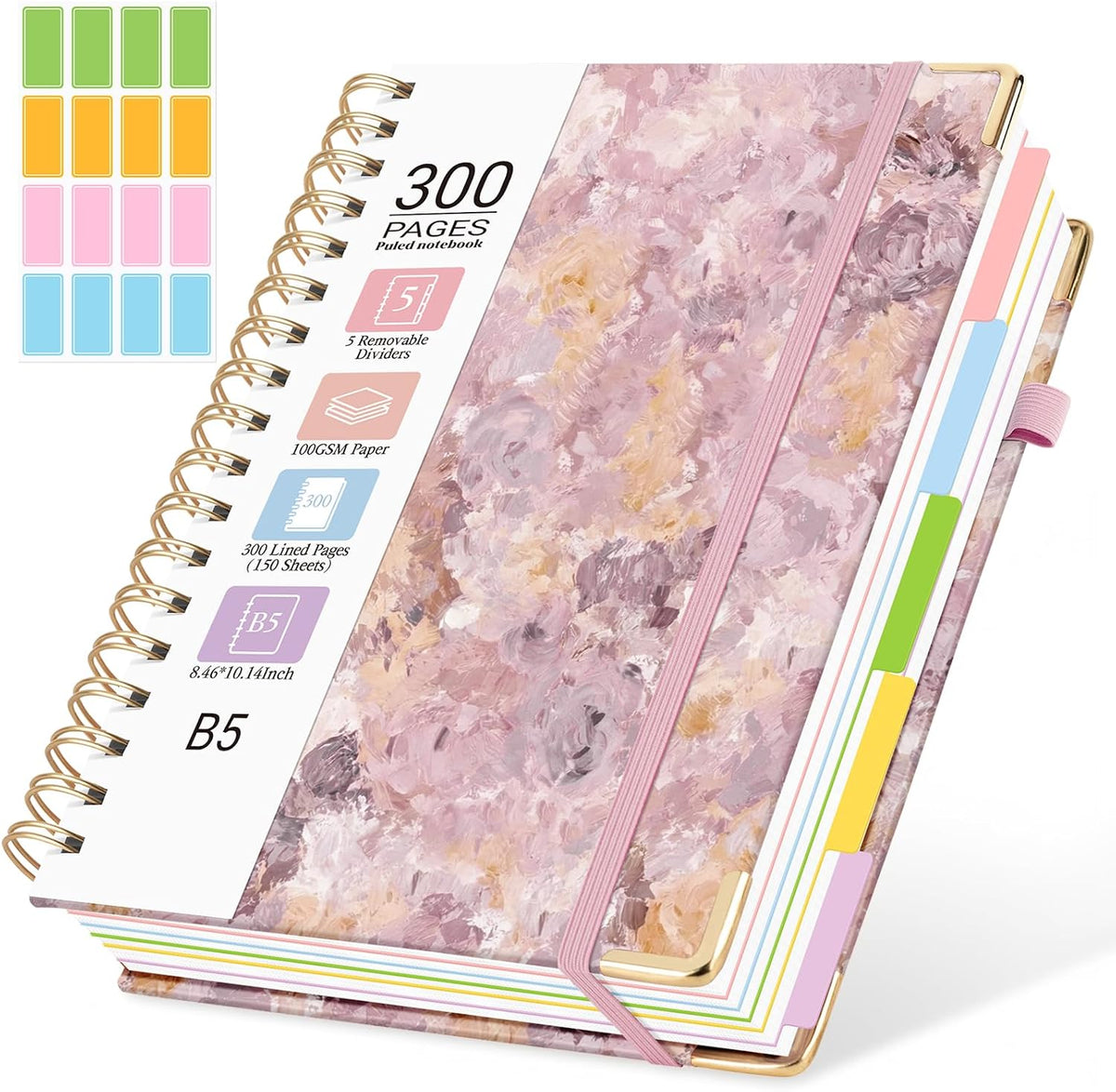Hardcover Spiral Notebook, 5 Subject Notebook College Ruled 300 Pages