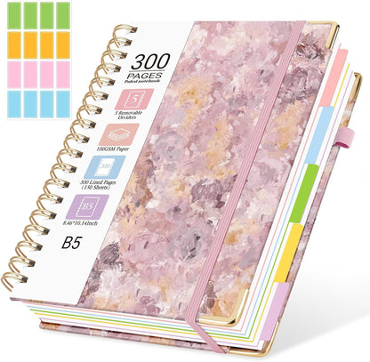 Hardcover Spiral Notebook, 5 Subject Notebook College Ruled 300 Pages