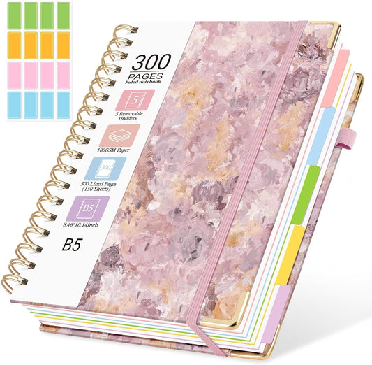 Hardcover Spiral Notebook, 5 Subject Notebook College Ruled 300 Pages