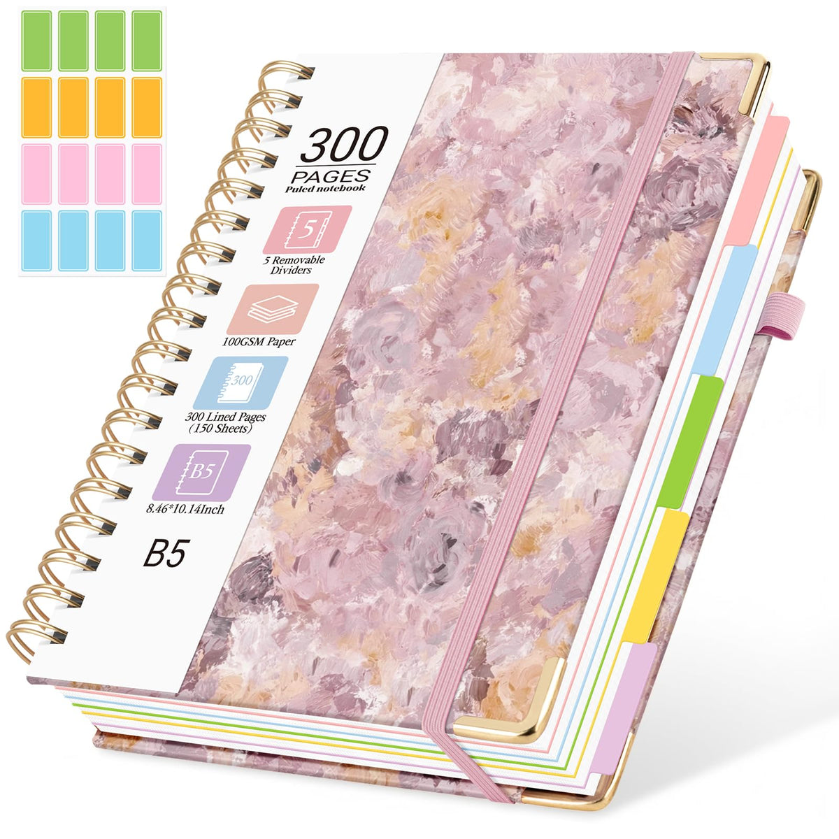 Hardcover Spiral Notebook, 5 Subject Notebook College Ruled 300 Pages