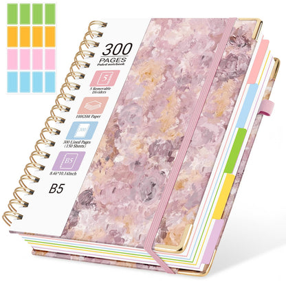 Hardcover Spiral Notebook, 5 Subject Notebook College Ruled 300 Pages