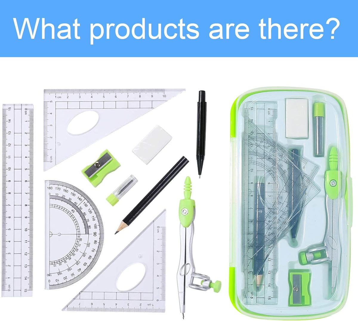 Mathematical Geometry Set, 10 Pieces of Student Supplies, with Storage Box, Compass, 6-Inch Ruler, Protractor, Triangular Ruler, Eraser, Pencil Sharpener, Refill, Pencil - Green
