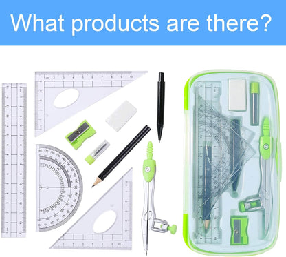 Mathematical Geometry Set, 10 Pieces of Student Supplies, with Storage Box, Compass, 6-Inch Ruler, Protractor, Triangular Ruler, Eraser, Pencil Sharpener, Refill, Pencil - Green