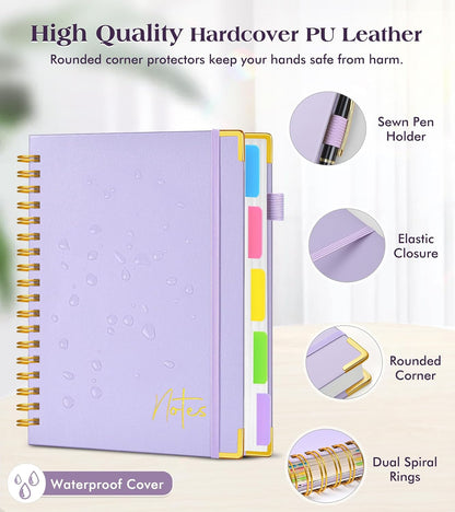 Spiral Notebook Journal with Removable Dividers Tabs, 300 Pages Hardcover Leather 5 Subject College Ruled Notebook, 8"x10" Large B5 Lined Journal for Women Men, Spiral Notebooks for Work School,Purple