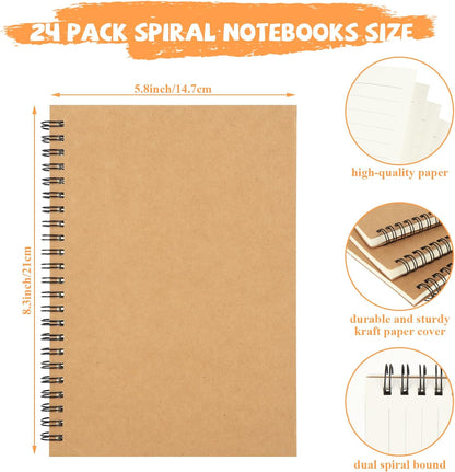 MIVIDE 24 Pack A5 Bulk Spiral Notebooks with Kraft Cover, 8.3 x 5.8 Inch 60 Pages Hardcover Spiral Lined Notebook Journal, Lined Travel Bulk Writing Paper Notebook for School Business Office Supplies