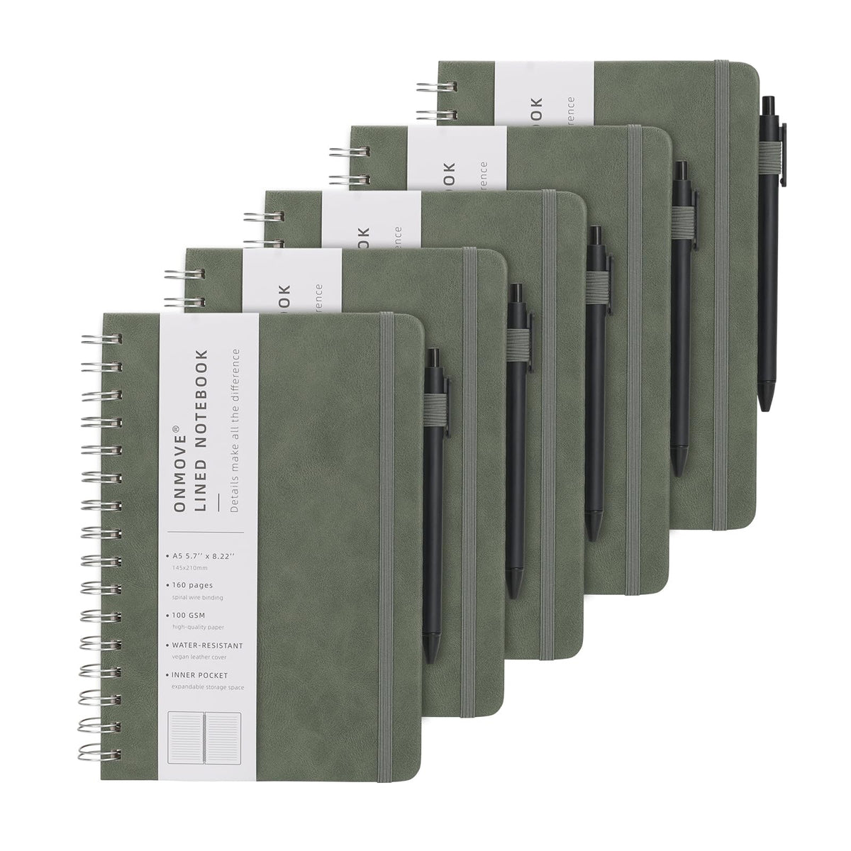 Spiral Notebooks Journal for Women Men 5 Pack Bulk Leather Hardcover with Pen Holder A5 160 Pages 100 GSM Thick Paper for Work School (Black)