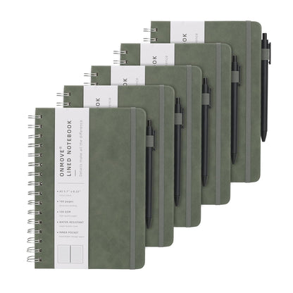 Spiral Notebooks Journal for Women Men 5 Pack Bulk Leather Hardcover with Pen Holder A5 160 Pages 100 GSM Thick Paper for Work School (Black)
