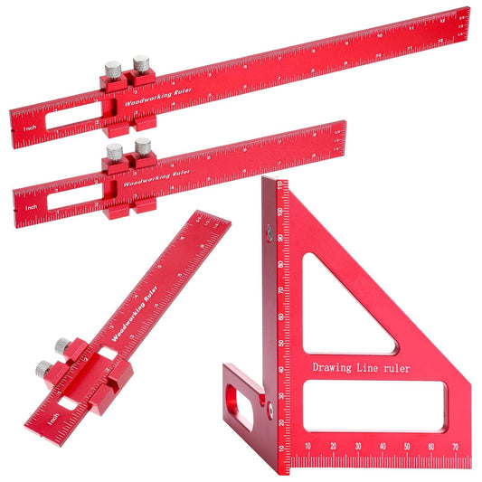 4 Pcs Woodworking Ruler, Metal Precision Pocket Rulers 12, 8, 6 Inch with 3D Multi Angle Measuring Ruler 45/90 Degree for Precision Measuring Marking Inch and Metric