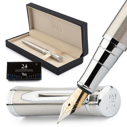 Wordsworth & Black Luxury Fountain Pen Set for Writing, Medium Nib, Silver