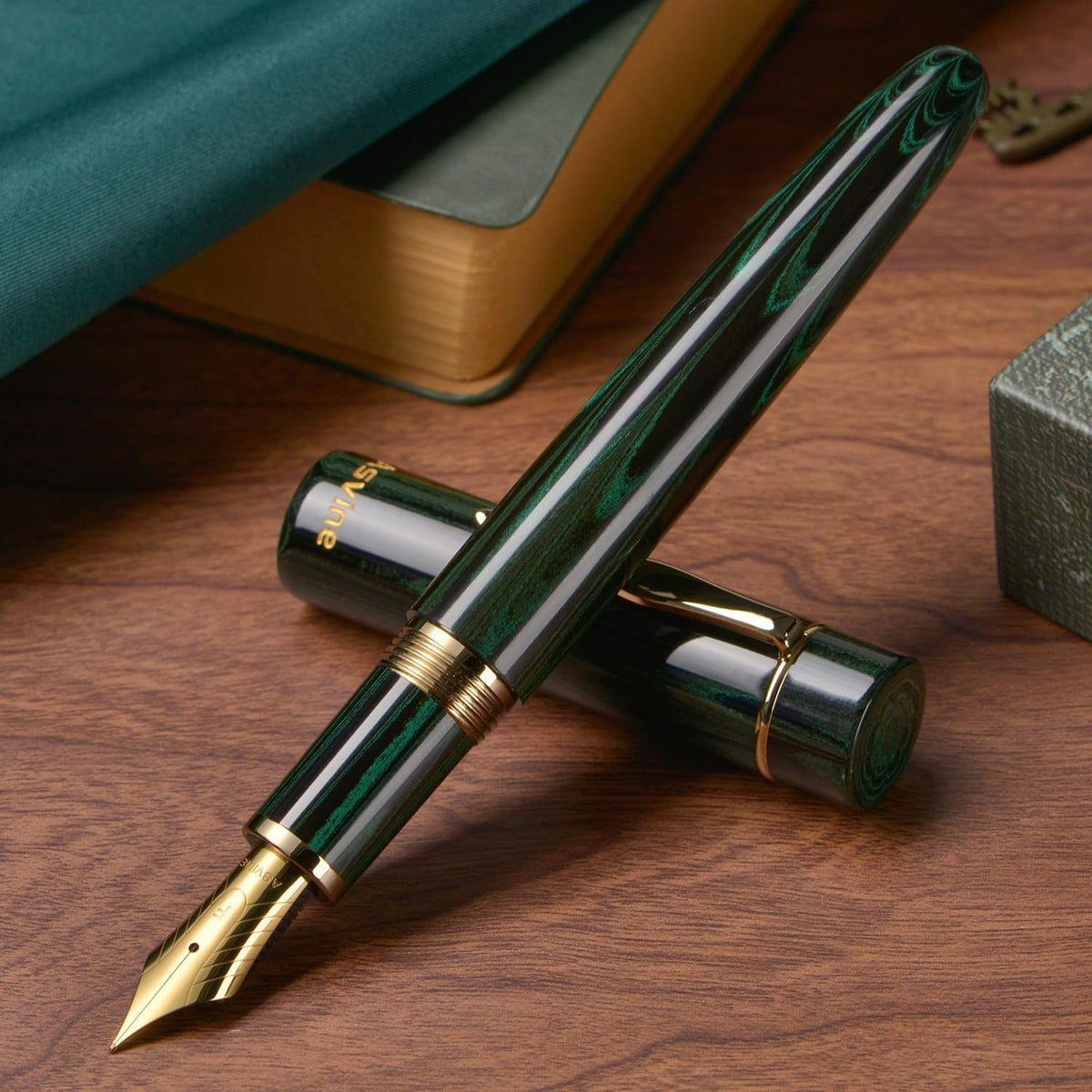 Asvine C2000 Germany Cumberland Ebonite Fountain Pen Number 8 Stub Nib 1.1mm Calligraphy Art Drawing Unique Pattern Pen with Converter Pen Box Collection Set- Green
