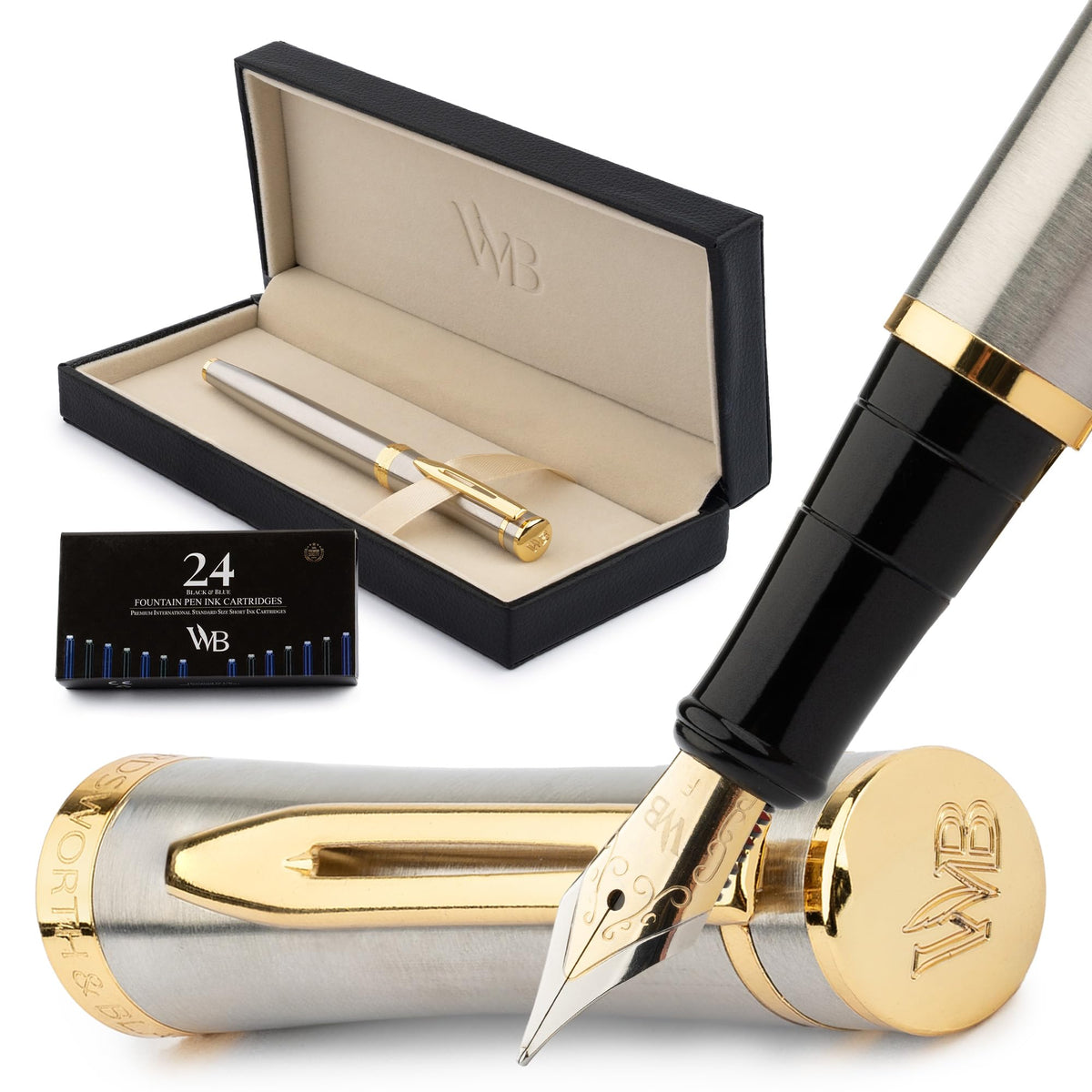 Wordsworth & Black Luxury Fountain Pen Set for Writing, Medium Nib, Silver