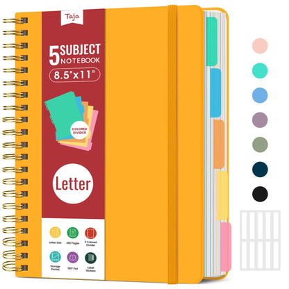 Taja Spiral Notebooks for Work 5 Subject Notebook with Removable Dividers