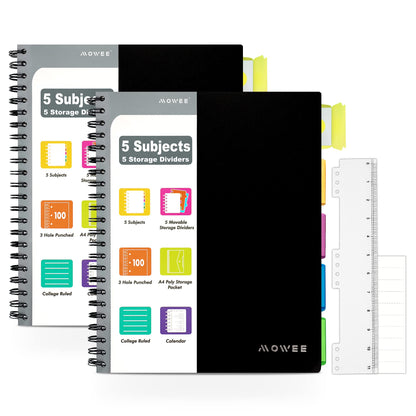 Spiral Notebook - 5 Subject Notebook, College Ruled Notebook 3-Hole Punched With Dividers, Storage Pockets, 11" Ruler, 200 Pages, for Writing Journal, Home &Office, School Supplies（Black）