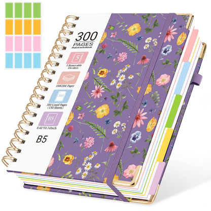 Hardcover Spiral Notebook, 5 Subject Notebook College Ruled 300 Pages