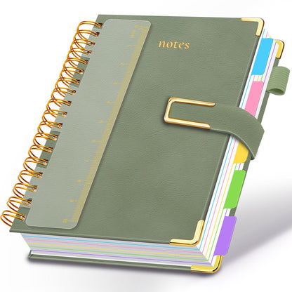 Hardcover Spiral Notebook College Ruled, 6.2"x 8.2" Leather Journal Notebook with Magnetic Closure, 300 Pages 5 Subject Notebook with Dividers Tabs Journal for Women Men, Work, School(Sage Green)