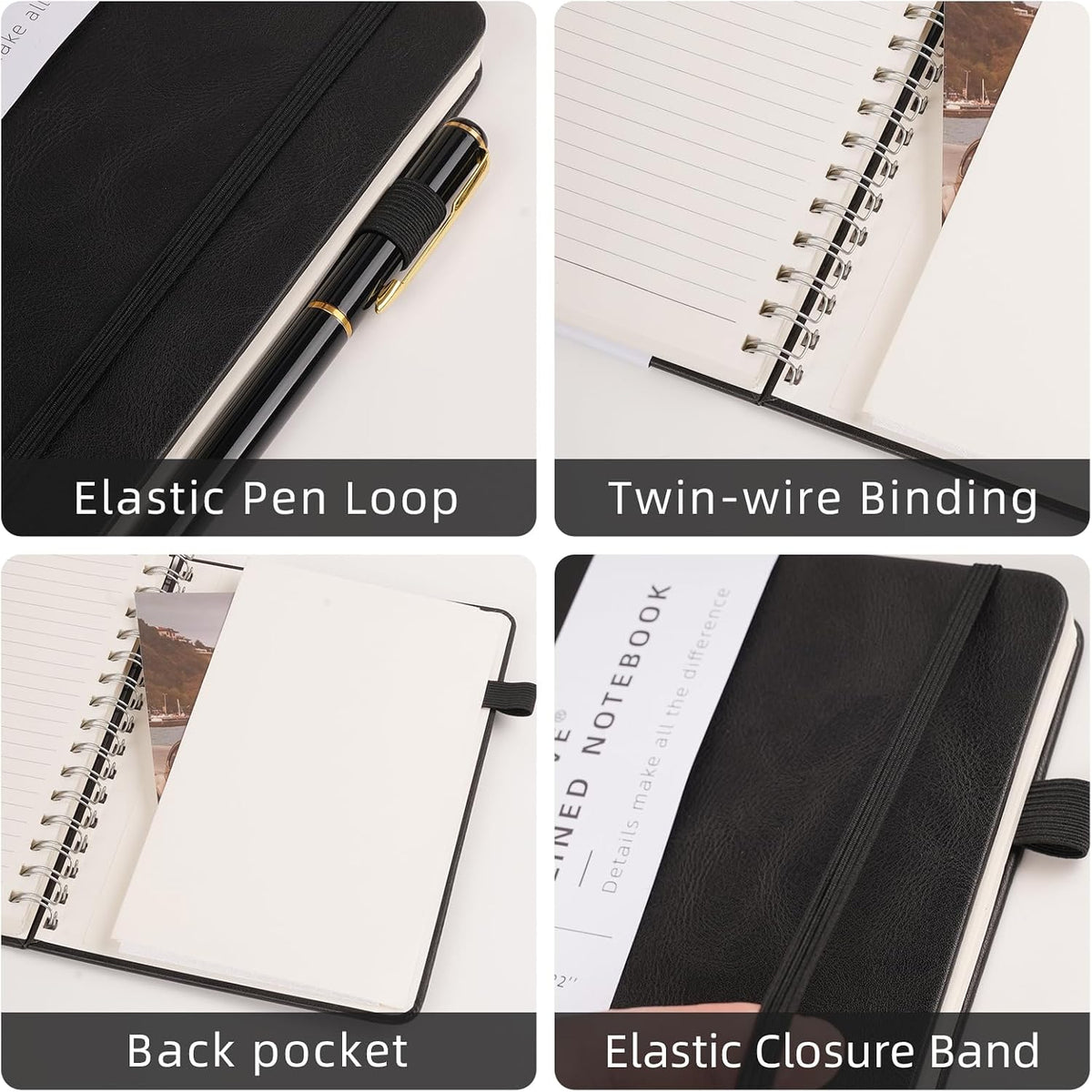 Spiral Notebooks Journal for Women Men 5 Pack Bulk Leather Hardcover with Pen Holder A5 160 Pages 100 GSM Thick Paper for Work School (Black)