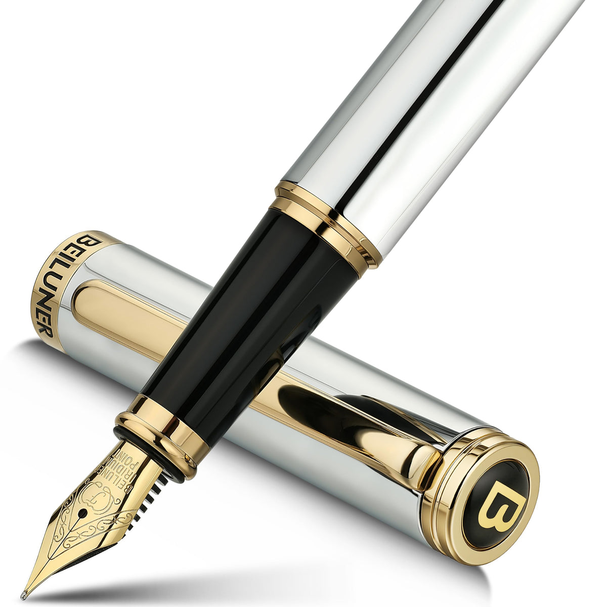 BEILUNER Blue Fountain Pen, 24K Gold Accents, Gorgeous 24K Gilded Nib(Fine)