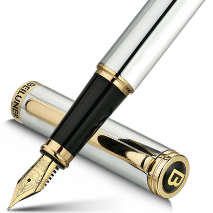 BEILUNER Blue Fountain Pen, 24K Gold Accents,24K Gilded Nib(Medium)