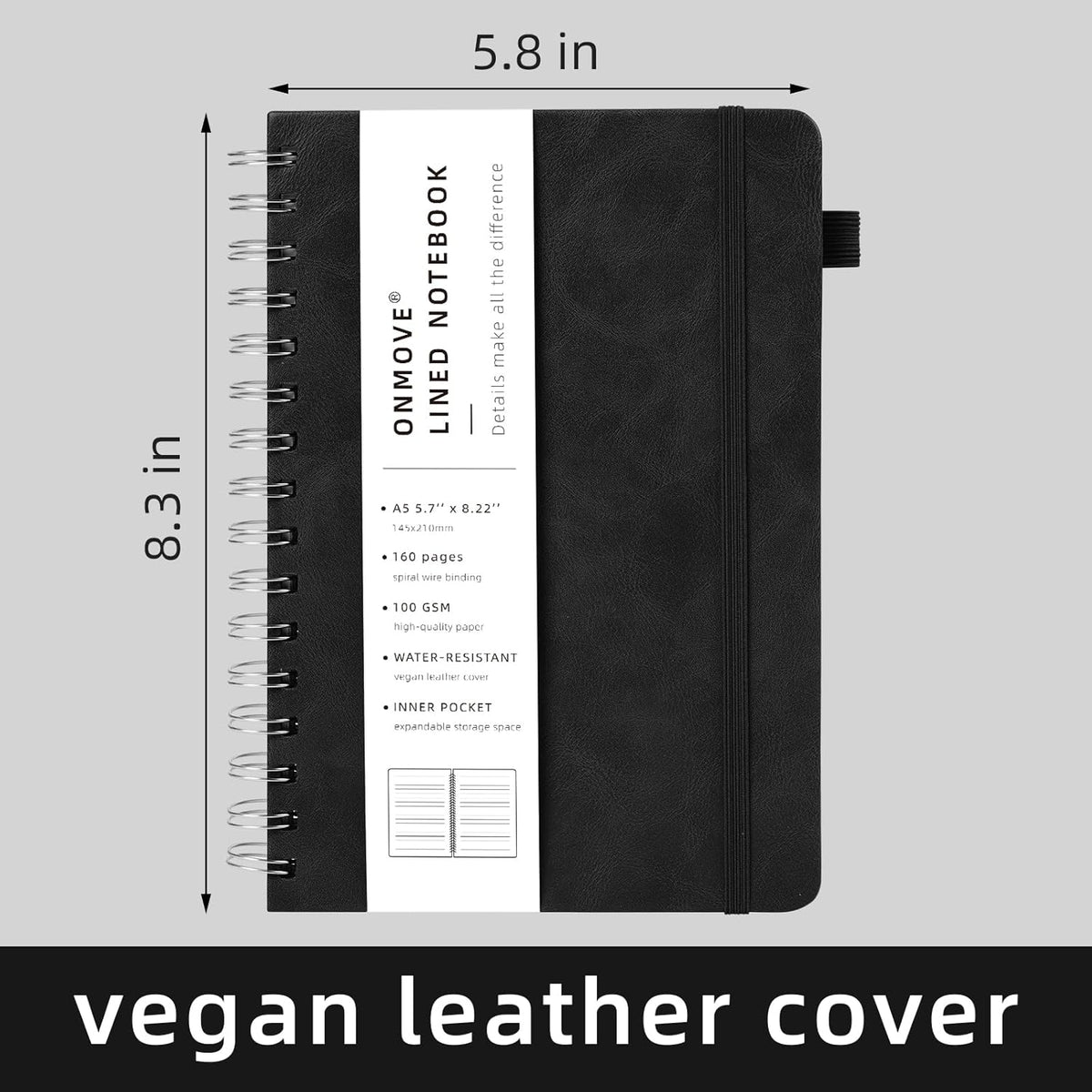 Spiral Notebooks Journal for Women Men 5 Pack Bulk Leather Hardcover with Pen Holder A5 160 Pages 100 GSM Thick Paper for Work School (Black)