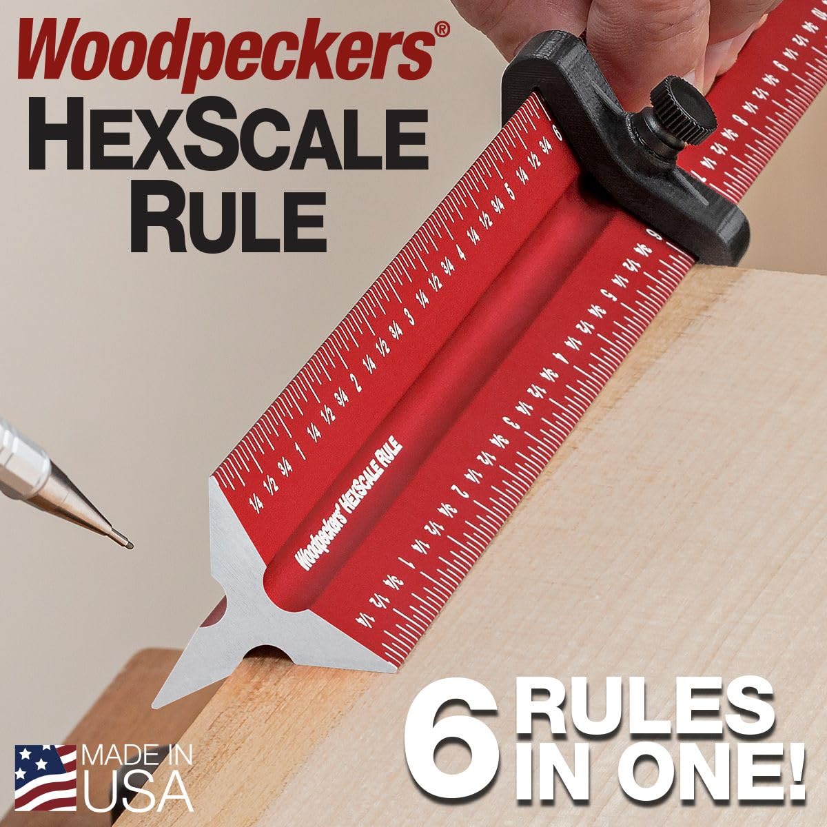 Woodpeckers Hexscale Rule, 36 Inch / 900MM, 6-in-1 Woodworking Ruler with Stop, Inch, Metric & Centering Scales, R2L & L2R Measuring, Architect Style