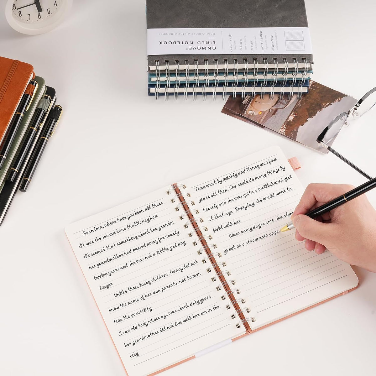 Spiral Notebooks Journal for Women Men 5 Pack Bulk Leather Hardcover with Pen Holder A5 160 Pages 100 GSM Thick Paper for Work School (Black)