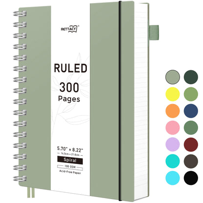 RETTACY Spiral College Ruled Notebook, 300 Pages, A5 Size (5.7" x 8.2")