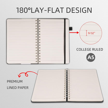 Spiral Notebooks Journal for Women Men 5 Pack Bulk Leather Hardcover with Pen Holder A5 160 Pages 100 GSM Thick Paper for Work School (Black)