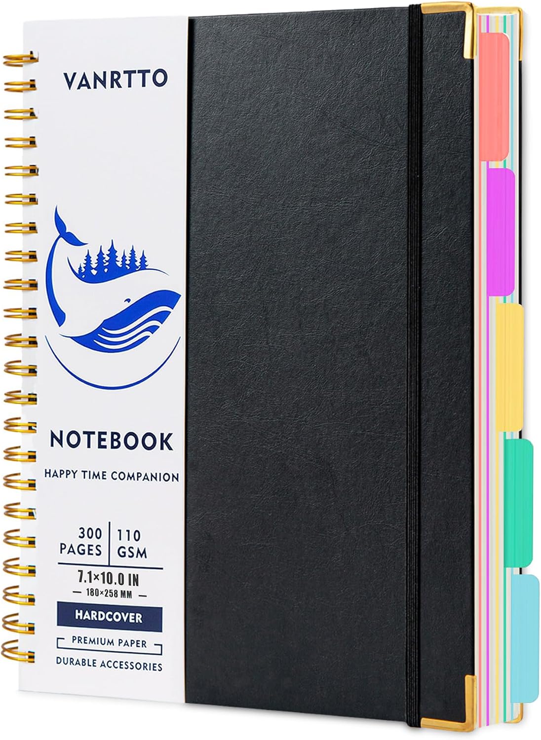 VANRTTO Hardcover 5 Subjects Spiral Notebook College Ruled Lined B5 Black