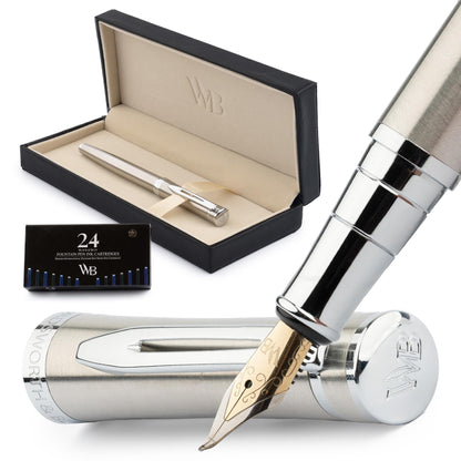 Wordsworth & Black Luxury Fountain Pen Set for Writing, Medium Nib, Silver