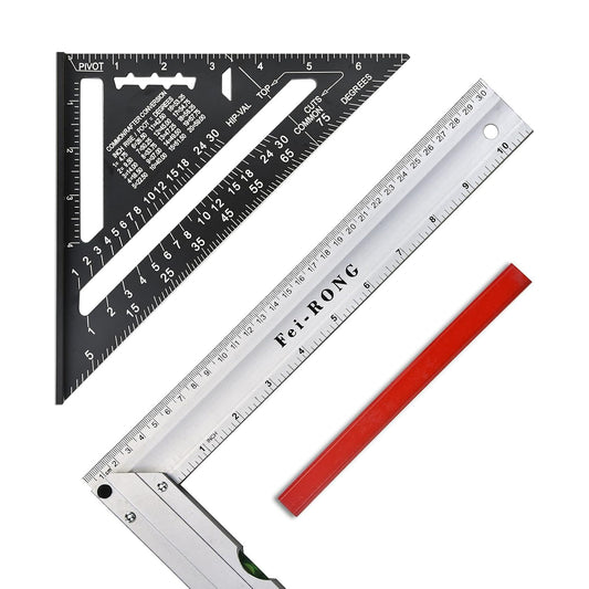 FEIRONG 3-in-1 Carpenter Square Tools,7" Triangle Square 10" L Shaped Ruler and Carpenter Pencil,Framing Square for Furniture and Cabinet Making