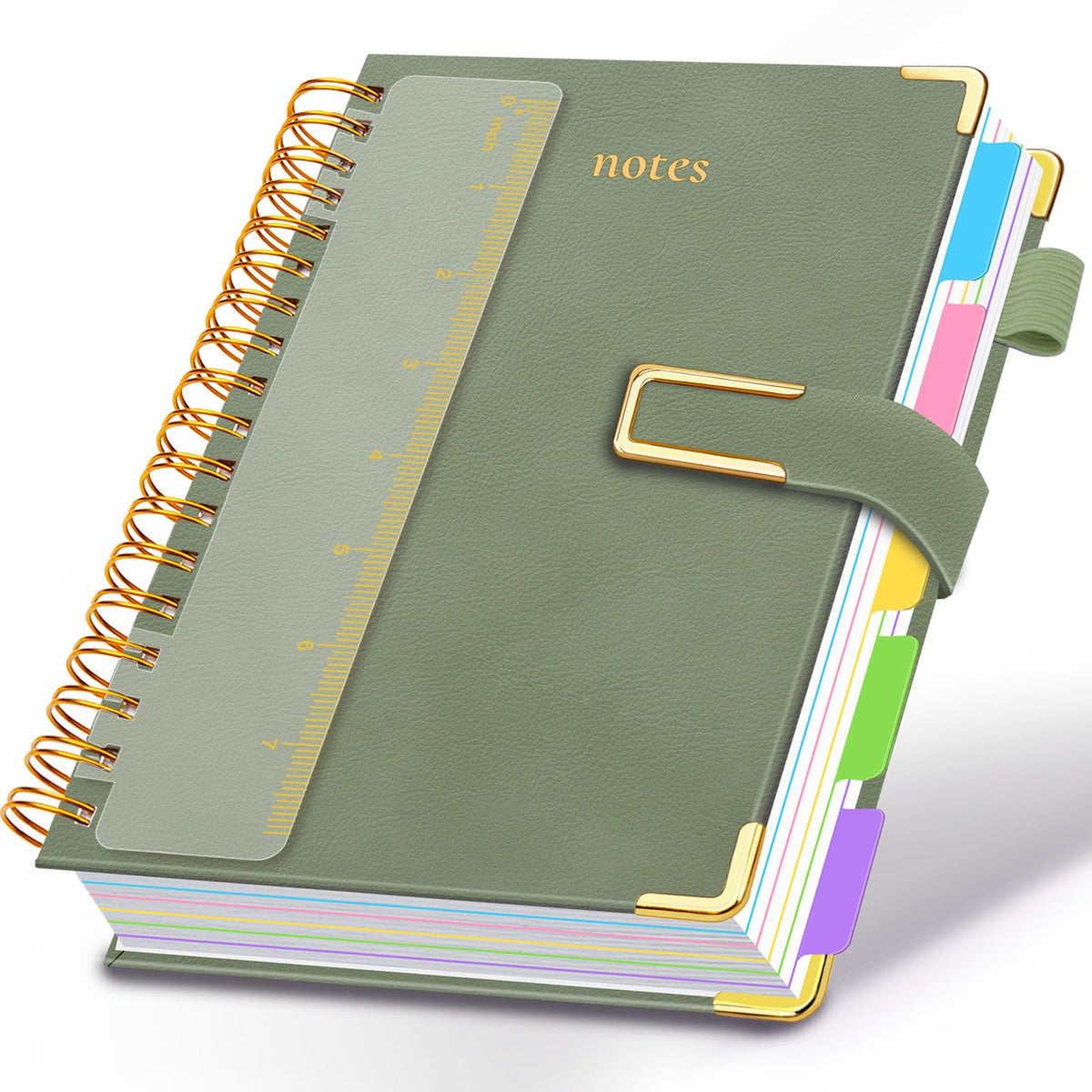 Hardcover Spiral Notebook College Ruled, 6.2"x 8.2" Leather Journal Notebook with Magnetic Closure, 300 Pages 5 Subject Notebook with Dividers Tabs Journal for Women Men, Work, School(Sage Green)