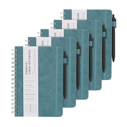 Spiral Notebooks Journal for Women Men 5 Pack Bulk Leather Hardcover with Pen Holder A5 160 Pages 100 GSM Thick Paper for Work School (Black)