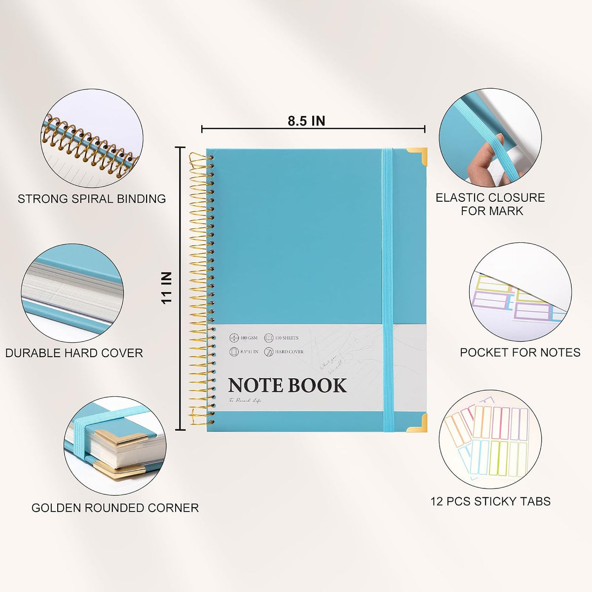 Large Hardcover Spiral Notebook College Ruled 8.5 X 11 with Stickers, Blue