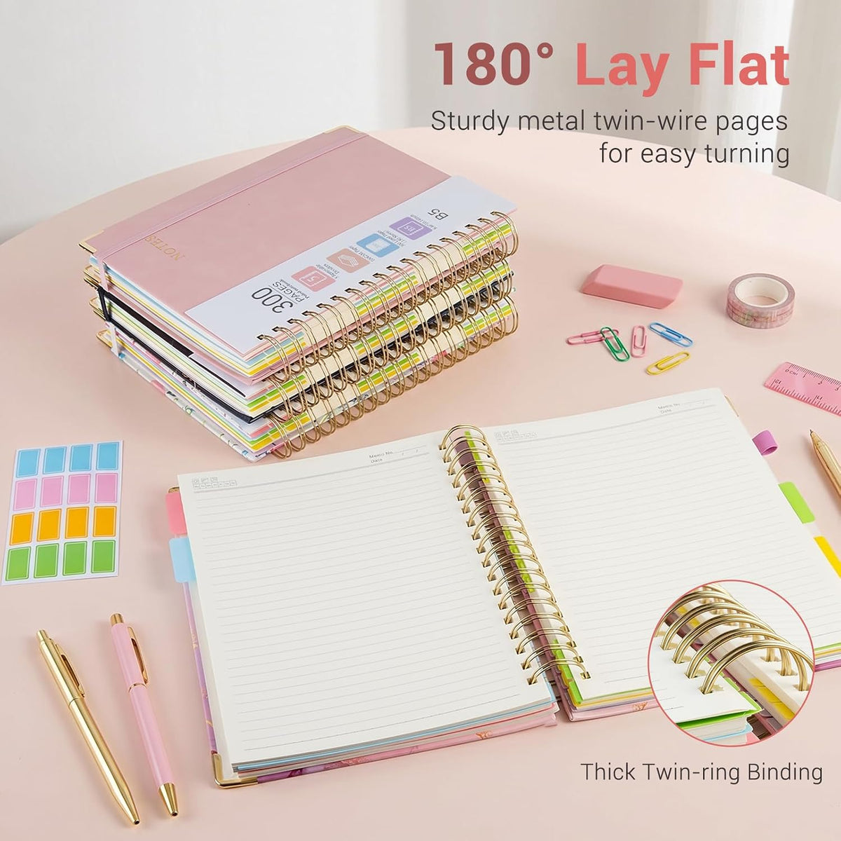 Hardcover Spiral Notebook, 5 Subject Notebook College Ruled 300 Pages