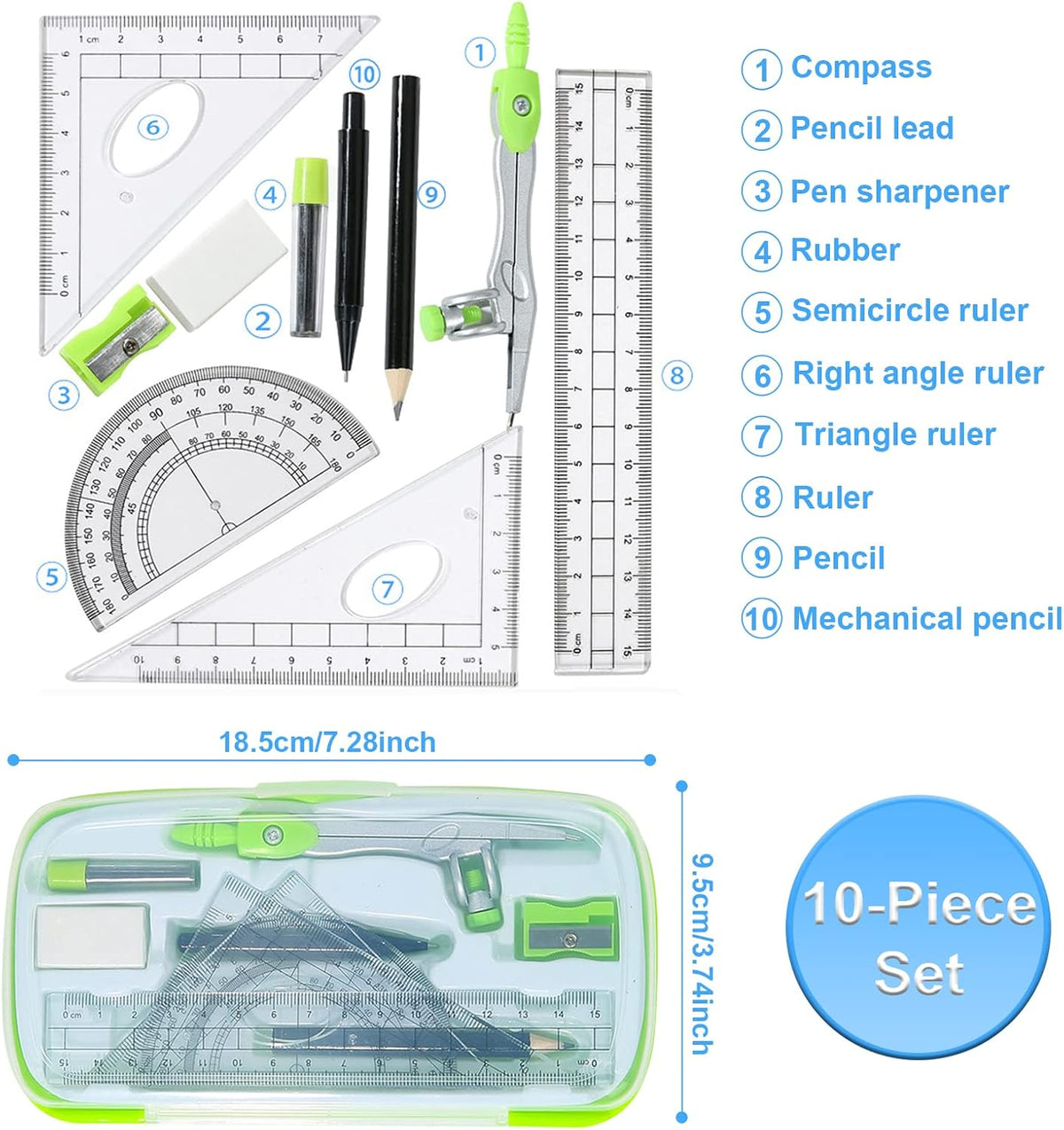Mathematical Geometry Set, 10 Pieces of Student Supplies, with Storage Box, Compass, 6-Inch Ruler, Protractor, Triangular Ruler, Eraser, Pencil Sharpener, Refill, Pencil - Green