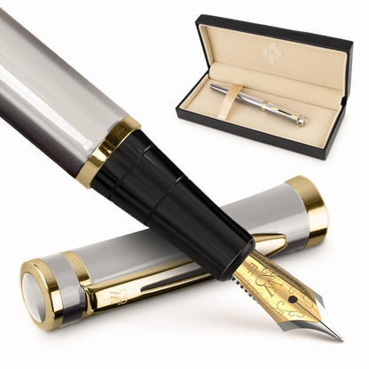 Wordsworth & Black Luxury Fountain Pen Set for Writing, Medium Nib, Silver