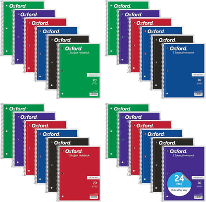 Oxford Spiral Notebooks, Bulk College Ruled Spiral Notebooks for School, 1-Subject, College Ruled Paper, 70 Lined Sheets, 24 per Pack, 3-Hole Punch, Colors May Vary (65021)
