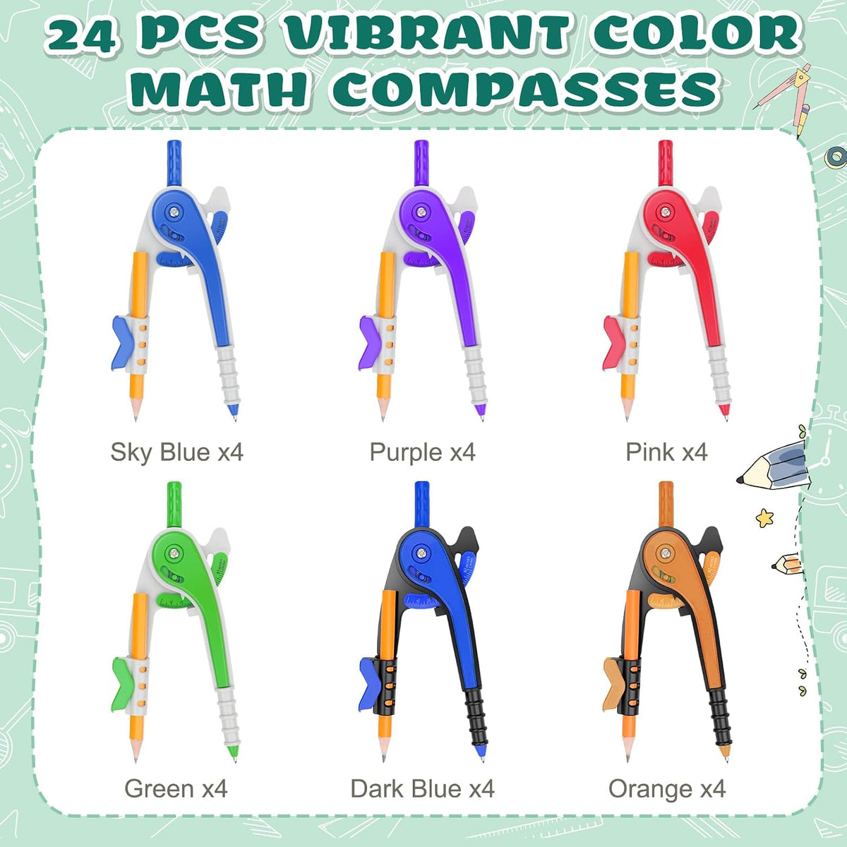 72 Pack Math Compass & Protractor Geometry Math Plastic Ruler Set