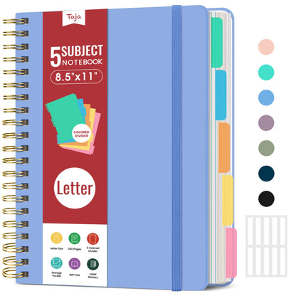 Taja Spiral Notebooks for Work 5 Subject Notebook with Removable Dividers