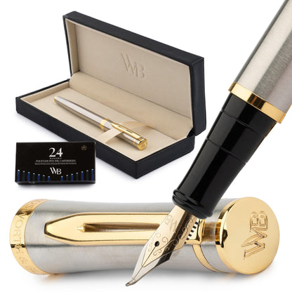 Wordsworth & Black Luxury Fountain Pen Set for Writing, Medium Nib, Silver