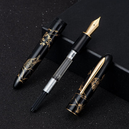 HONG DIAN Hongdian N23 Black Rabbit Fountain Pen, Long Blade Medium Nib Gold Trim, New Year Lucky Rabbit Carving Design, Smooth Writing Pen with Converter and Metal Pen Box Set