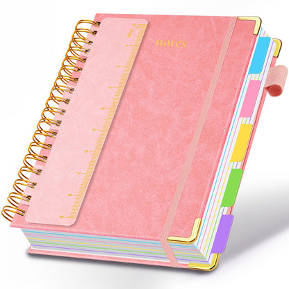 Hardcover Spiral Notebook 8"x10" Journal Notebook with Tabs and Removable Dividers 300 Pages 5 Subject Notebook College Ruled, Faux Leather Spiral Bound Notebook for Women School Work (Purple)