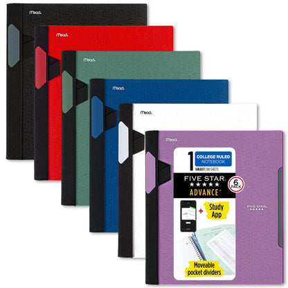 Five Star Advance Spiral Notebooks + Study App, 2 Pack, 1 Subject, College Ruled Paper, 11" x 8-1/2", 100 Sheets, With Spiral Guard and Movable Dividers, Black, Pacific Blue (820112)