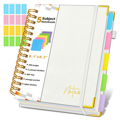 Spiral Notebook Journal with Removable Dividers Tabs, 300 Pages Hardcover Leather 5 Subject College Ruled Notebook, 8"x10" Large B5 Lined Journal for Women Men, Spiral Notebooks for Work School,Purple