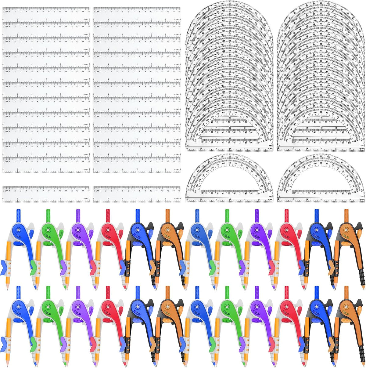 72 Pack Math Compass & Protractor Geometry Math Plastic Ruler Set