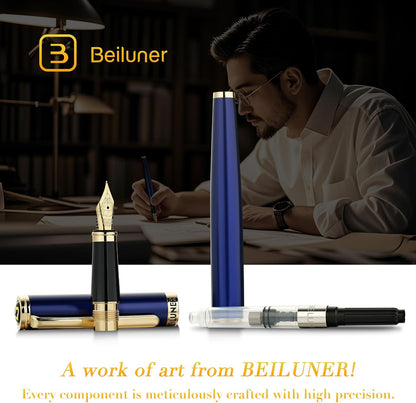 BEILUNER Blue Fountain Pen, 24K Gold Accents, Gorgeous 24K Gilded Nib(Fine)