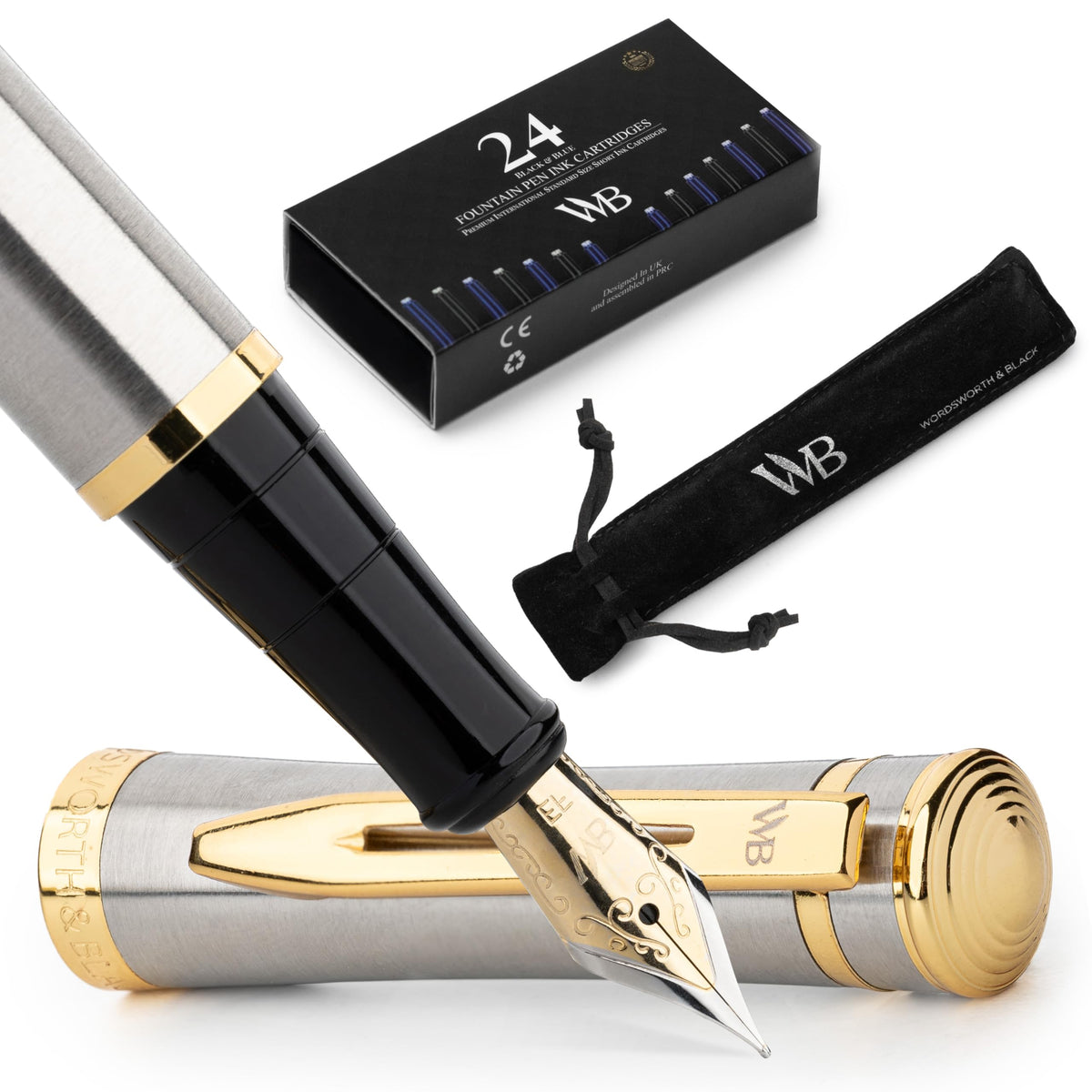 Wordsworth & Black Fountain Pen Set for Writing, Extra Fine Nib, Silver