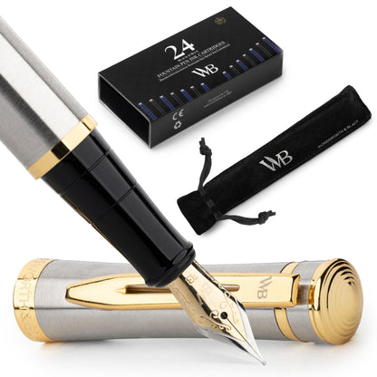 Wordsworth & Black Fountain Pen Set for Writing, Extra Fine Nib, Silver
