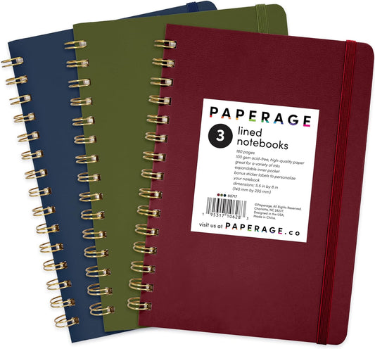 PAPERAGE Lined Spiral Journal Notebook, (Burgundy, Navy, Olive Green), 3 Pack, 160 Pages, Medium 5.5 inches x 8 inches - 100 GSM Thick Paper, Hardcover, Double-Wire Spiral Journal & Notebook